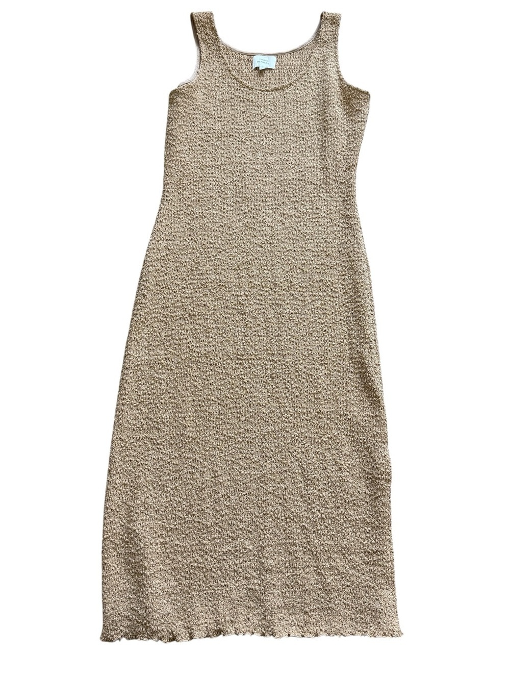 Things Between Textured Midi Dress Neutral Minimalist Boho Stretch Bodycon Tan L